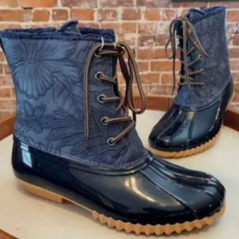 NWT BOOTS New Sporto Denim Blue Faux Tooled Duck Patent Boots 11M Ladies